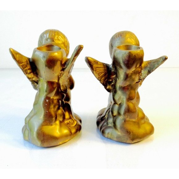 Angels Cherubs Candle Holder Pair Vintage Solid Brass Made In India EUC - Picture 3 of 5